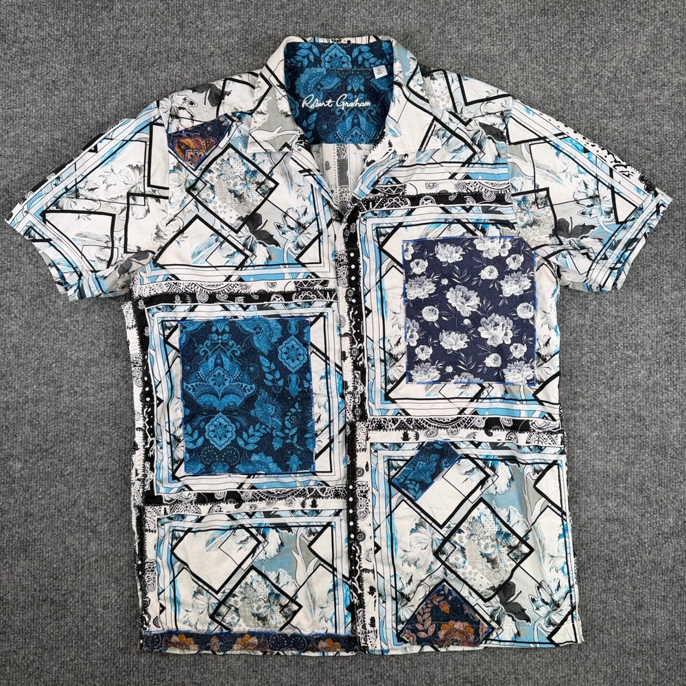 Robert Graham Shirt Mens M Camp Loop Collar Floral Paisley Embroidered Art